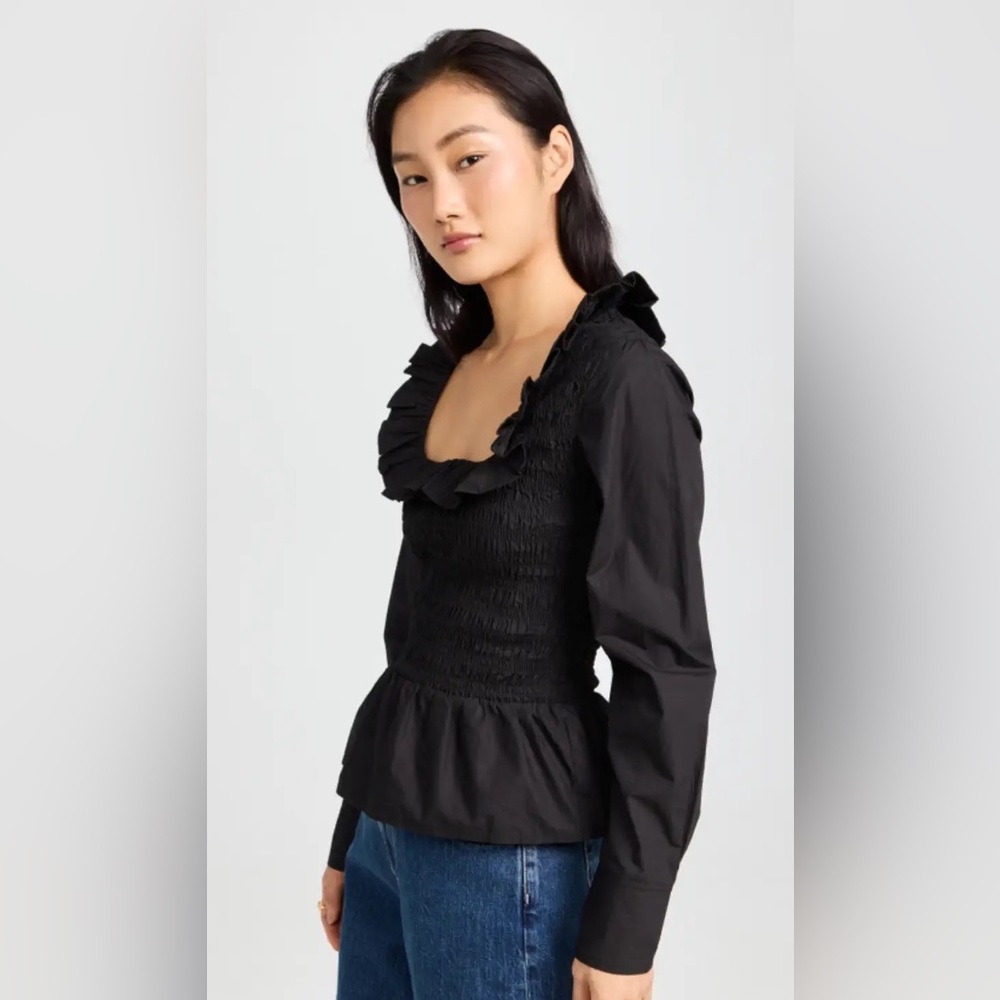 Ganni Cotton Poplin Open Neck Smock Blouse 38